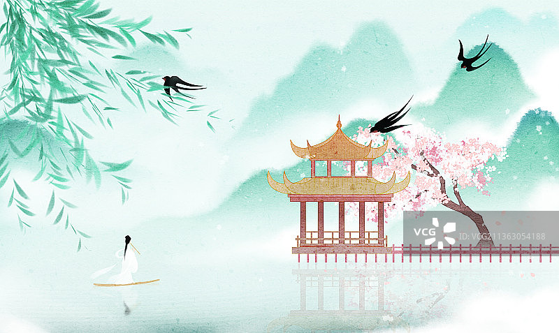 意境水墨山水春天的风景插画图片素材