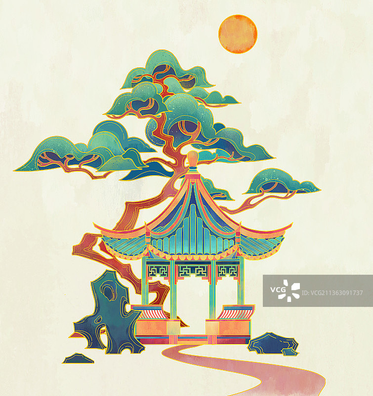 国潮书亭子石头太阳插画图片素材