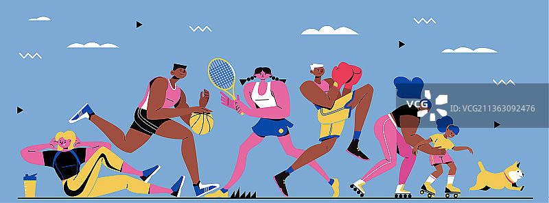 运动健身网球拳击旱冰篮球扁平插画图片素材