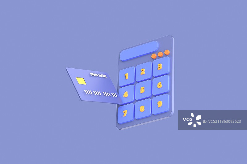 3d渲染信用卡银行卡和计算器卡通图形图片素材
