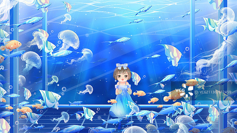 女孩隔着玻璃看蔚蓝海水中的多彩鱼群，蓝色唯美治愈插画海报图片素材
