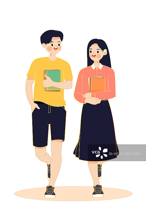 手上拿着书一起走路的两个人图片素材