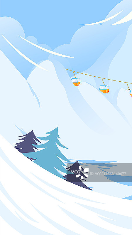 雪山缆车自然风光矢量插画背景竖图图片素材