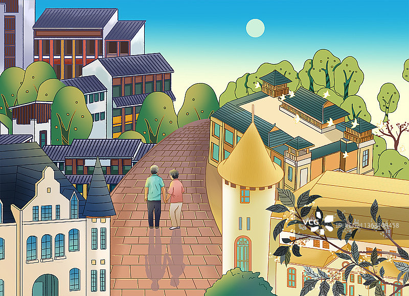 养老院社区老年公寓晚年生活老人午后散步休闲插画图片素材