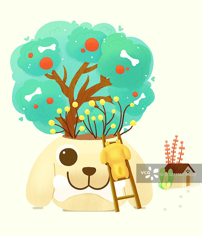 动物植物花盆小场景板绘插画-狗图片素材