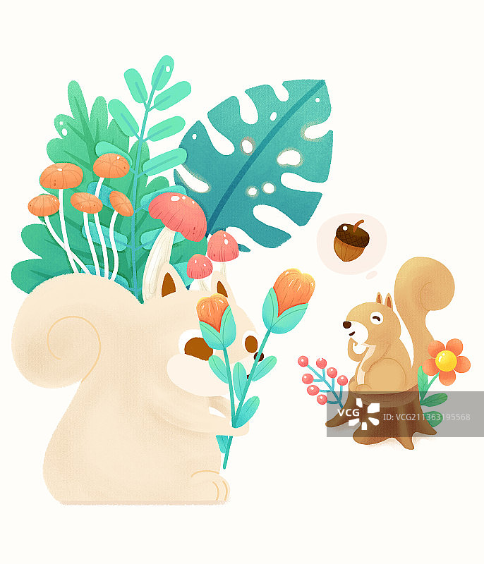 动物植物花盆小场景板绘插画-松鼠图片素材
