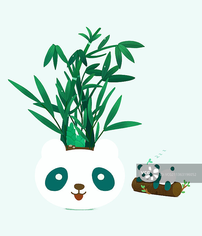 动物植物花盆小场景板绘插画-熊猫图片素材