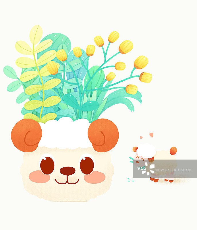 动物植物花盆小场景板绘插画-羊图片素材