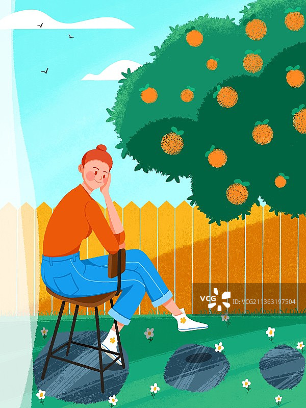 女孩在院子里晒晒太阳好舒服图片素材