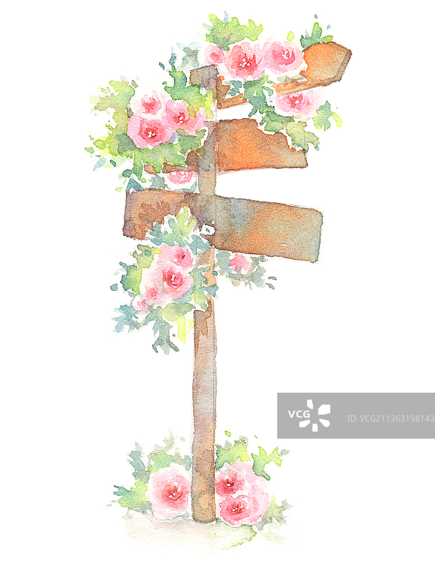 水彩手绘鲜花路牌图片素材