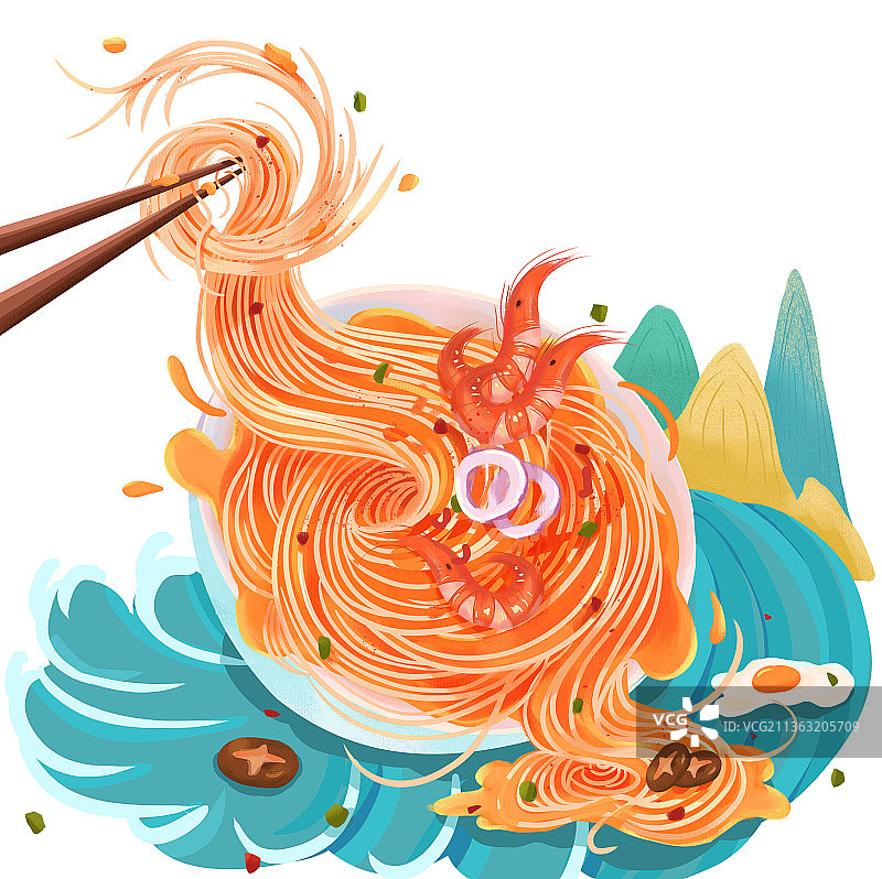 虾子面海鲜面插画图片素材