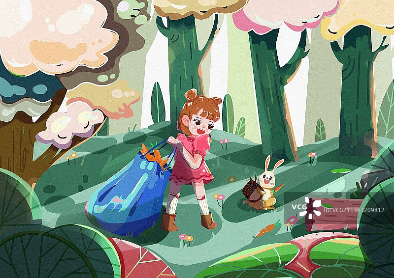 小女孩和兔子拔萝卜儿童插画图片素材