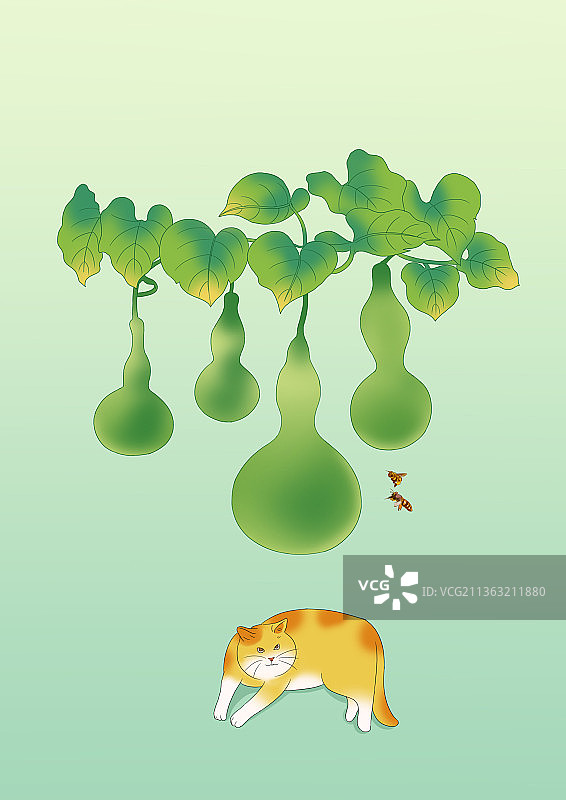 中国风新中式古风国潮传统中国画葫芦下猫咪午后休息插画图片素材