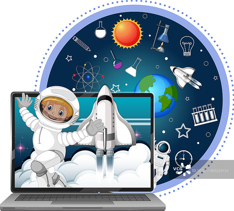 带有宇航员和太空图标的笔记本电脑图片素材