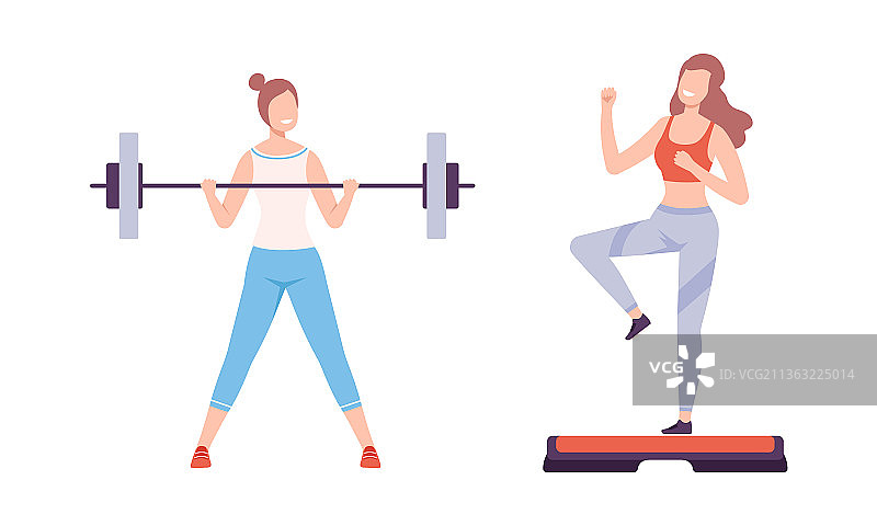 年轻女人举起杠铃并抬起腿图片素材