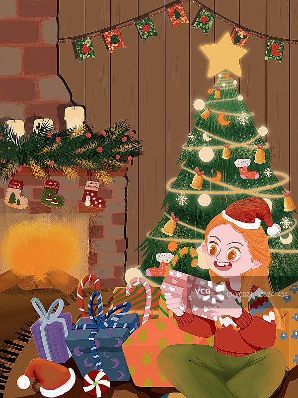 圣诞节拆礼物女孩图片素材