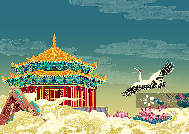国潮古建筑祥云背景插画沈阳故宫图片素材
