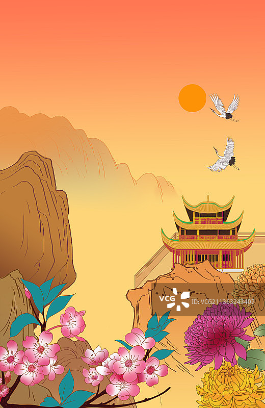 中国风新中式古风仿古国潮中国四大名楼湖南岳阳楼名胜古迹插画图片素材