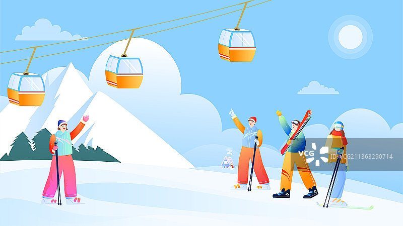 冬季年轻人滑雪矢量插画图片素材