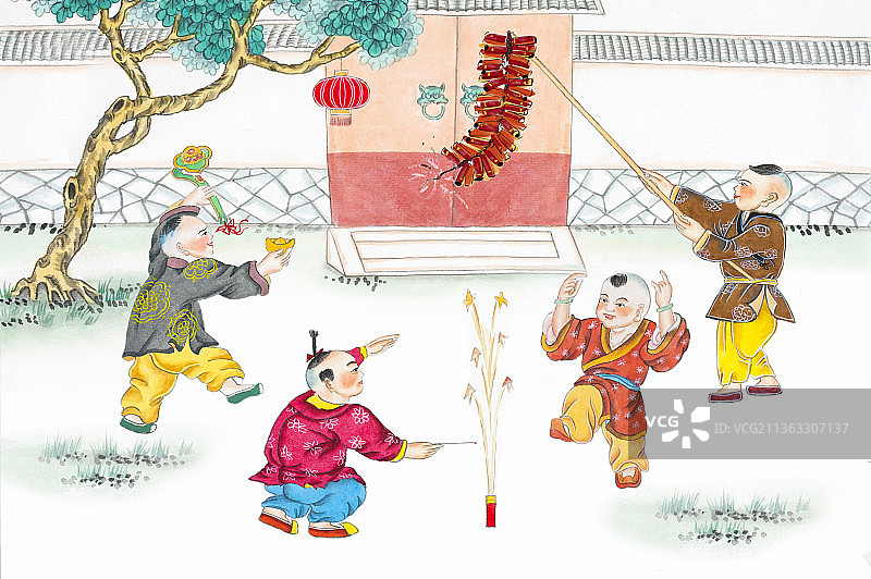 四个小孩放鞭炮提灯笼玩耍图片素材