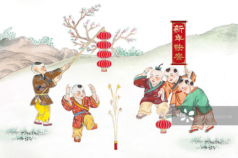 五个小孩放鞭炮提灯笼玩耍图片素材