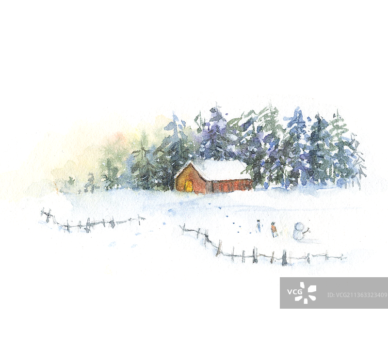 水彩手绘雪景中玩耍的小朋友图片素材