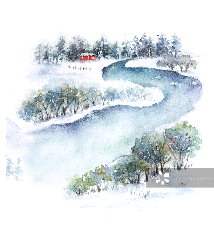 水彩手绘雪景乡村远景图片素材