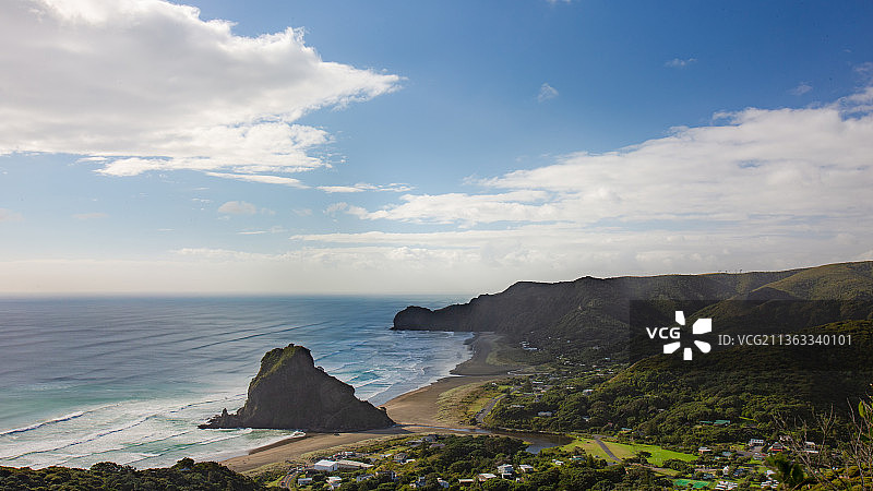 从上方看到的皮哈海岸线，新西兰海景图片素材