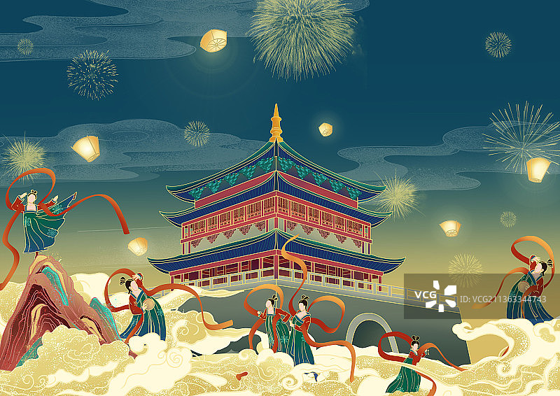 国潮古建筑节日插画西安钟鼓楼图片素材
