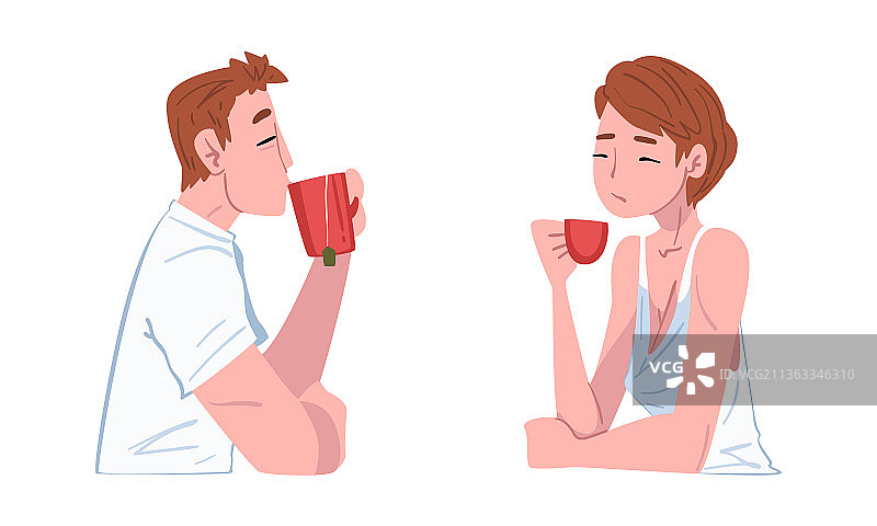 年轻男人和女人喝茶或咖啡图片素材