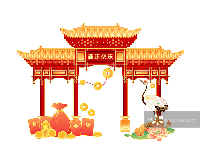 新年喜庆装饰建筑牌楼插画图片素材