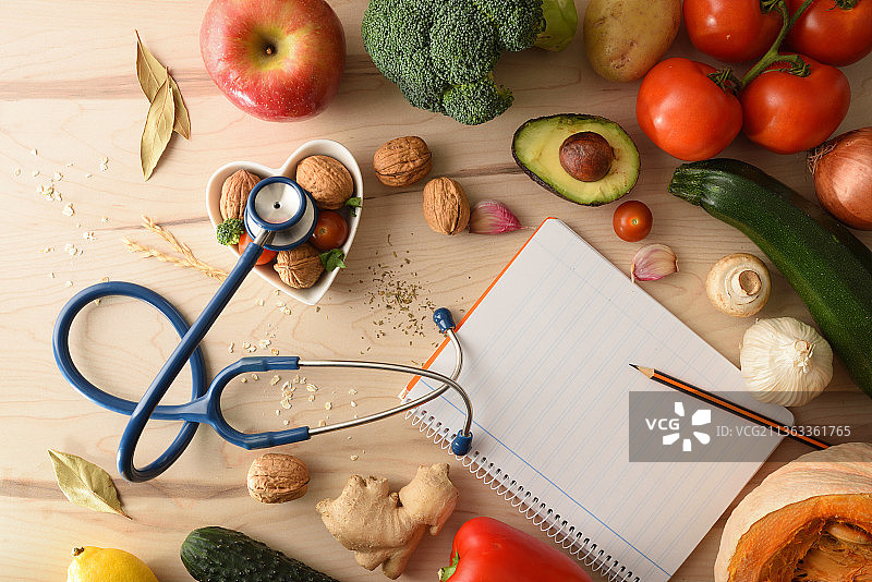 用笔记本和健康食品监测饮食计划图片素材