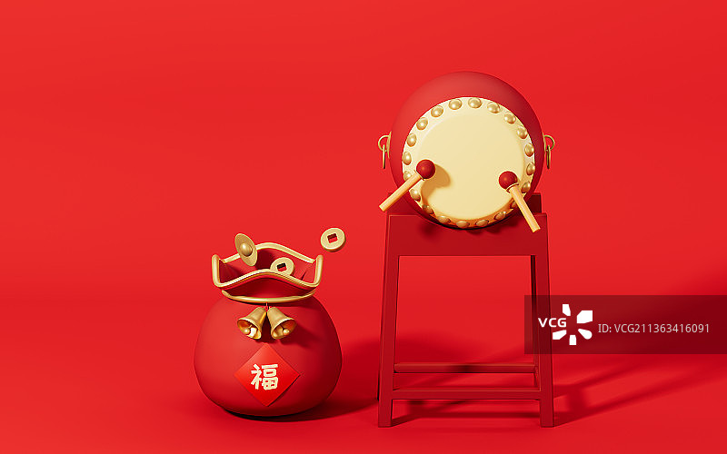 新年锣鼓与福袋3D渲染图片素材