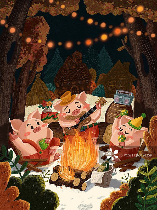 猪猪们的篝火派对图片素材