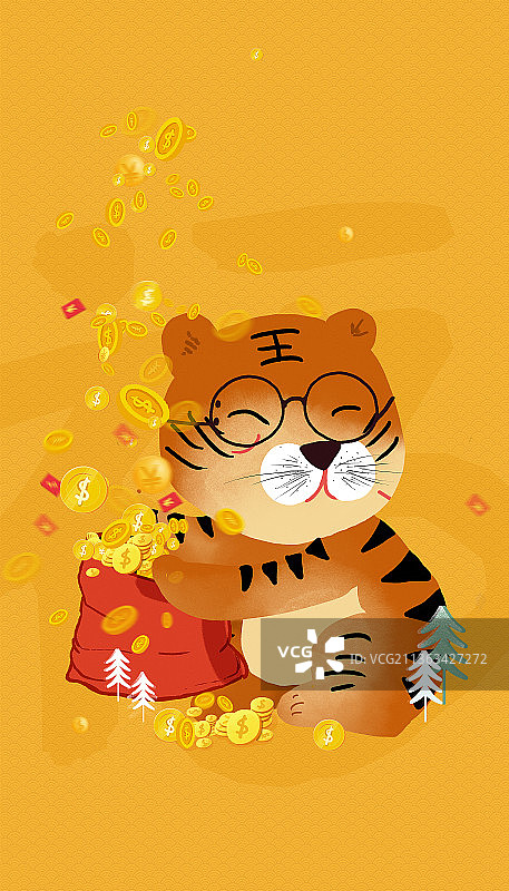 2022年虎年春节贺岁海报 捧袋子接硬币的老虎图片素材