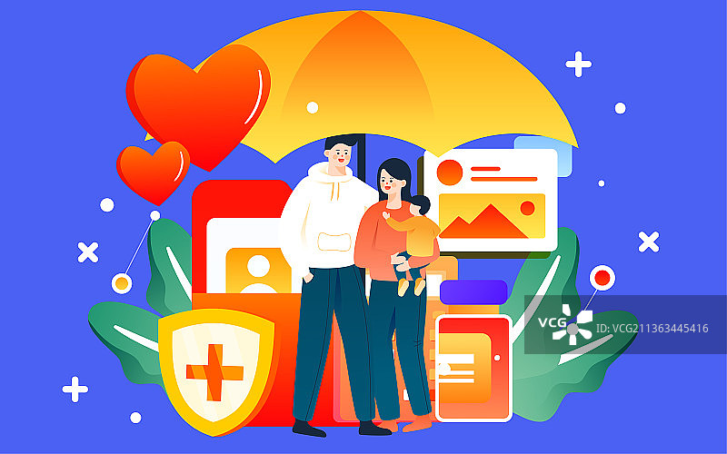 医疗健康保险插画一家人医保保障保护伞海报图片素材