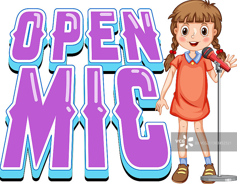 带卡通女孩歌手的开放麦克风标志设计图片素材