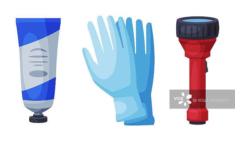 管状软膏、手电筒和医用手套图片素材