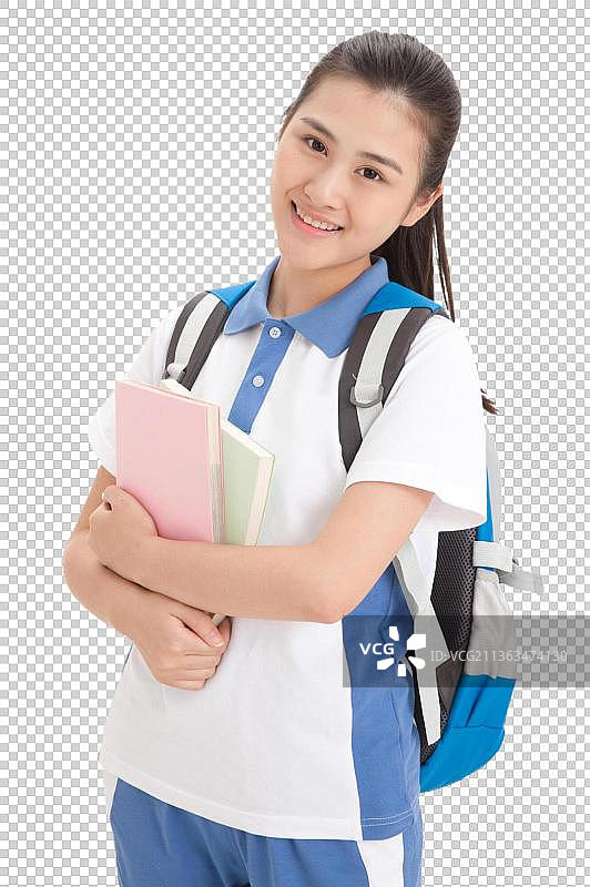 一个中学女生的背着书包图片素材