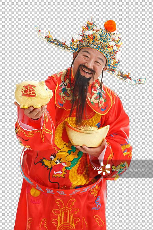 财神爷拿着金元宝和储蓄罐图片素材
