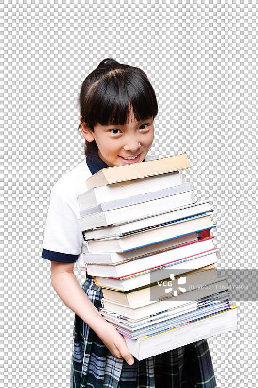 小学女生在阅览室抱着大量书籍图片素材