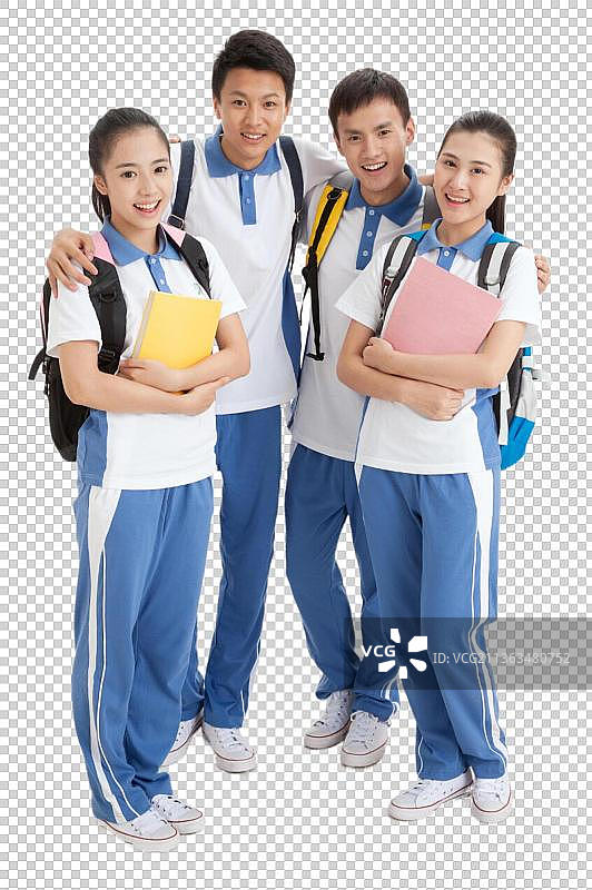 四个中学生搂着肩膀站着图片素材