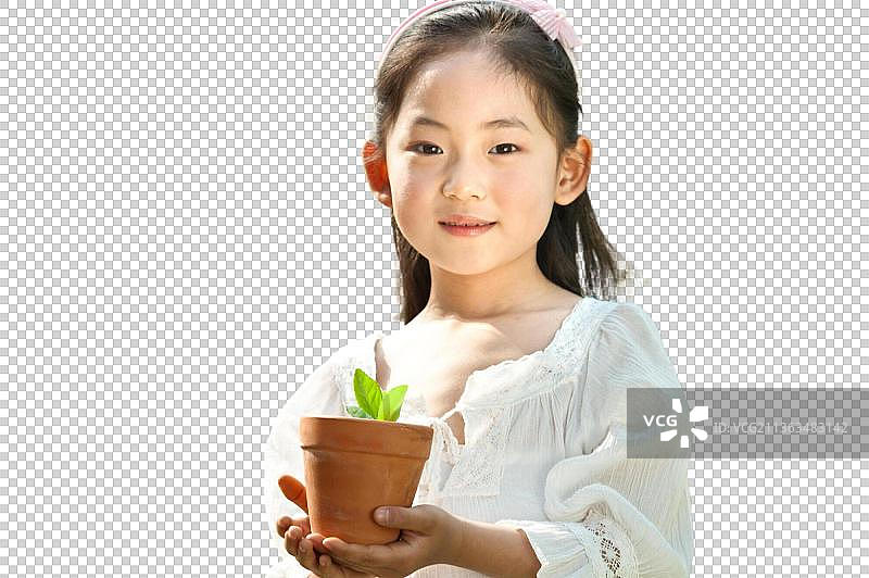 东方女孩手拿花盆植物图片素材