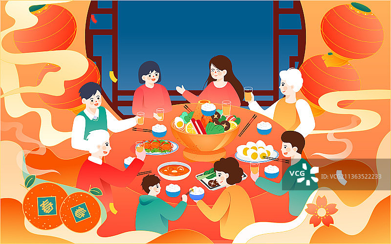 除夕年夜饭一家人团圆插画庆祝春节活动海报图片素材