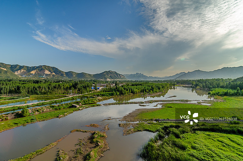 蓝天白云的中国河北石家庄平山县滹沱河、树林和山图片素材