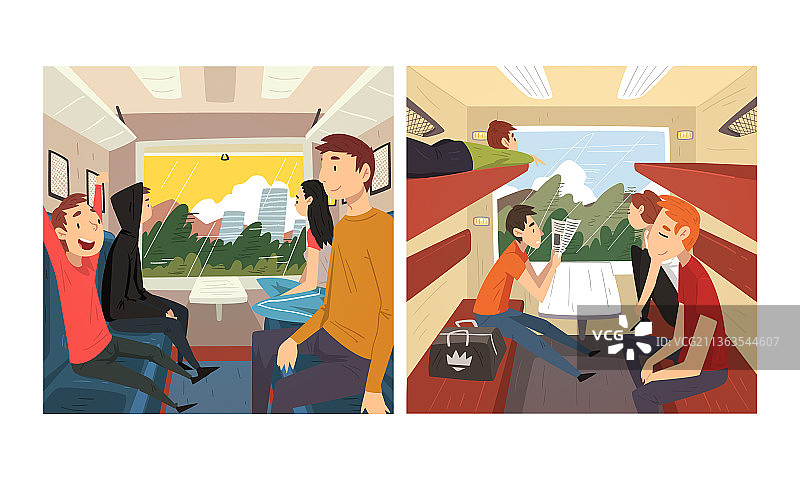 乘坐火车的年轻微笑的男人和女人图片素材