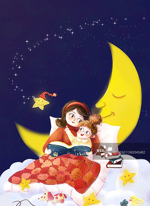 月亮下妈妈和小孩的晚安故事图片素材