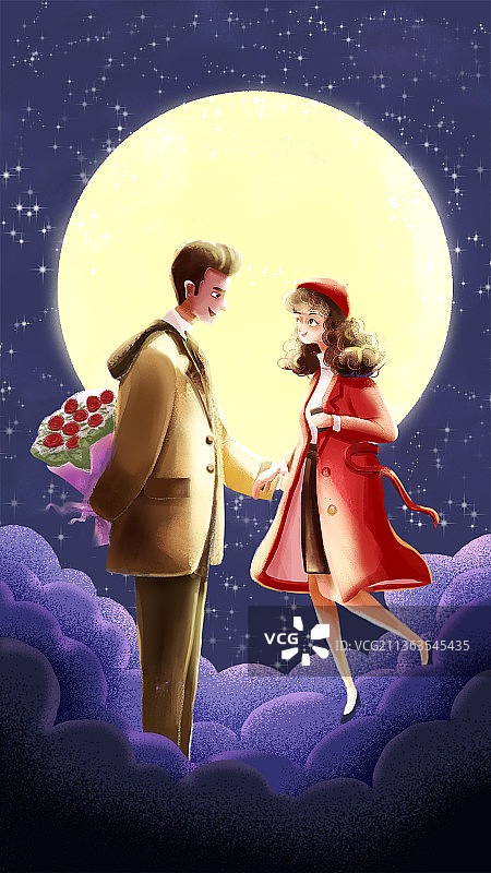 月亮下男女朋友情侣情人节插画图片素材