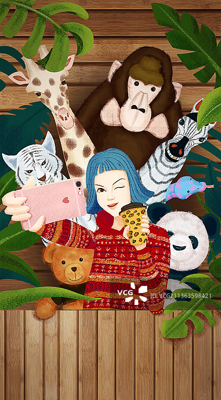 女孩动物玩偶自拍图片素材