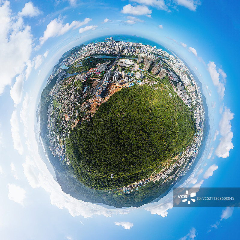 海南省三亚市吉阳区临春河市区星球全景航拍图片素材